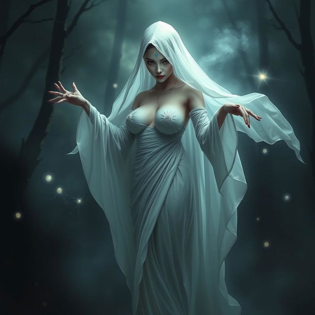 A beautiful, captivating pocong (an Indonesian ghost) with striking features and large breasts, elegantly floating in a mystical and eerie environment