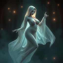 A stunningly beautiful pocong (an Indonesian ghost) elegantly portrayed with voluptuous curves and large breasts, gracefully floating in an enchanting, mystical setting