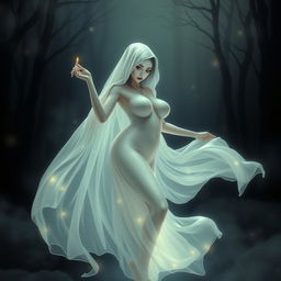 A stunningly beautiful pocong (an Indonesian ghost) elegantly portrayed with voluptuous curves and large breasts, gracefully floating in an enchanting, mystical setting
