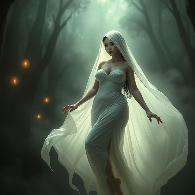 A stunningly beautiful pocong (an Indonesian ghost) elegantly portrayed with voluptuous curves and large breasts, gracefully floating in an enchanting, mystical setting