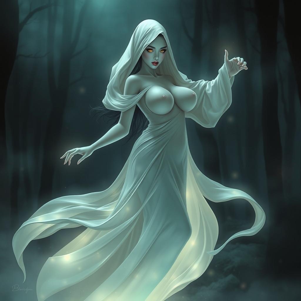 A stunningly beautiful pocong (an Indonesian ghost) elegantly portrayed with voluptuous curves and large breasts, gracefully floating in an enchanting, mystical setting