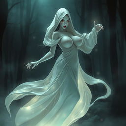 A stunningly beautiful pocong (an Indonesian ghost) elegantly portrayed with voluptuous curves and large breasts, gracefully floating in an enchanting, mystical setting