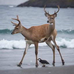 A deer with the legs of a penguin, combining the majestic grace of the deer with the unique sea-faring abilities of a penguin