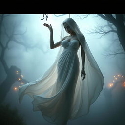 A beautiful and enchanting pocong (an Indonesian ghost) featuring prominent curves and large breasts, gracefully suspended in a mystical, atmospheric setting