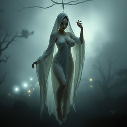 A beautiful and enchanting pocong (an Indonesian ghost) featuring prominent curves and large breasts, gracefully suspended in a mystical, atmospheric setting