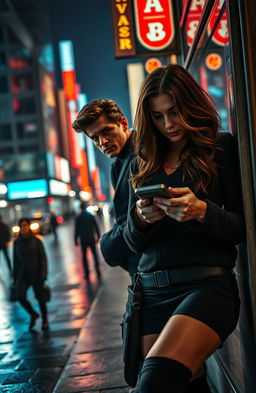 A thrilling scene capturing an undercover operation featuring a dynamic duo, a man and a woman
