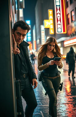 A thrilling scene capturing an undercover operation featuring a dynamic duo, a man and a woman