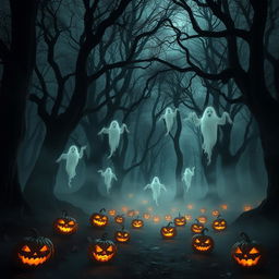 A chilling and dark forest scene filled with towering, ancient trees, their twisted branches clawing at the night sky