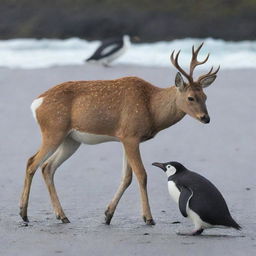 A deer with the legs of a penguin, combining the majestic grace of the deer with the unique sea-faring abilities of a penguin