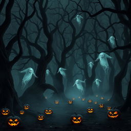 A chilling and dark forest scene filled with towering, ancient trees, their twisted branches clawing at the night sky