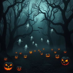 A chilling and dark forest scene filled with towering, ancient trees, their twisted branches clawing at the night sky
