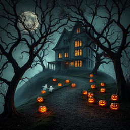 A mystical Halloween scene showcasing a haunted house perched atop a misty hill, surrounded by an atmosphere of eerie enchantment