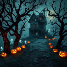 A mystical Halloween scene showcasing a haunted house perched atop a misty hill, surrounded by an atmosphere of eerie enchantment