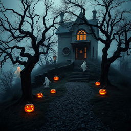 A mystical Halloween scene showcasing a haunted house perched atop a misty hill, surrounded by an atmosphere of eerie enchantment