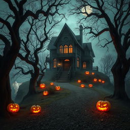 A mystical Halloween scene showcasing a haunted house perched atop a misty hill, surrounded by an atmosphere of eerie enchantment