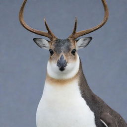 A penguin with a deer's head, combining the uniqueness of a penguin's body with the elegance of a deer's head.