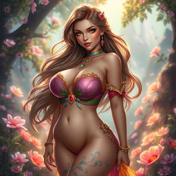 A stunning depiction of Lla Lanora, characterized by her enchanting beauty and curvaceous figure with large breasts