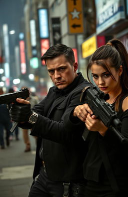 An action-packed scene featuring a man and woman undercover, both in sleek tactical gear, strategically positioned in an urban environment