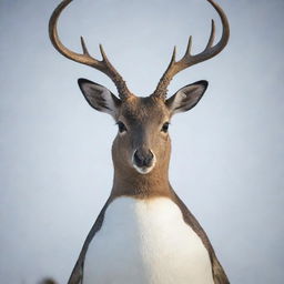 A penguin with a deer's head, combining the uniqueness of a penguin's body with the elegance of a deer's head.