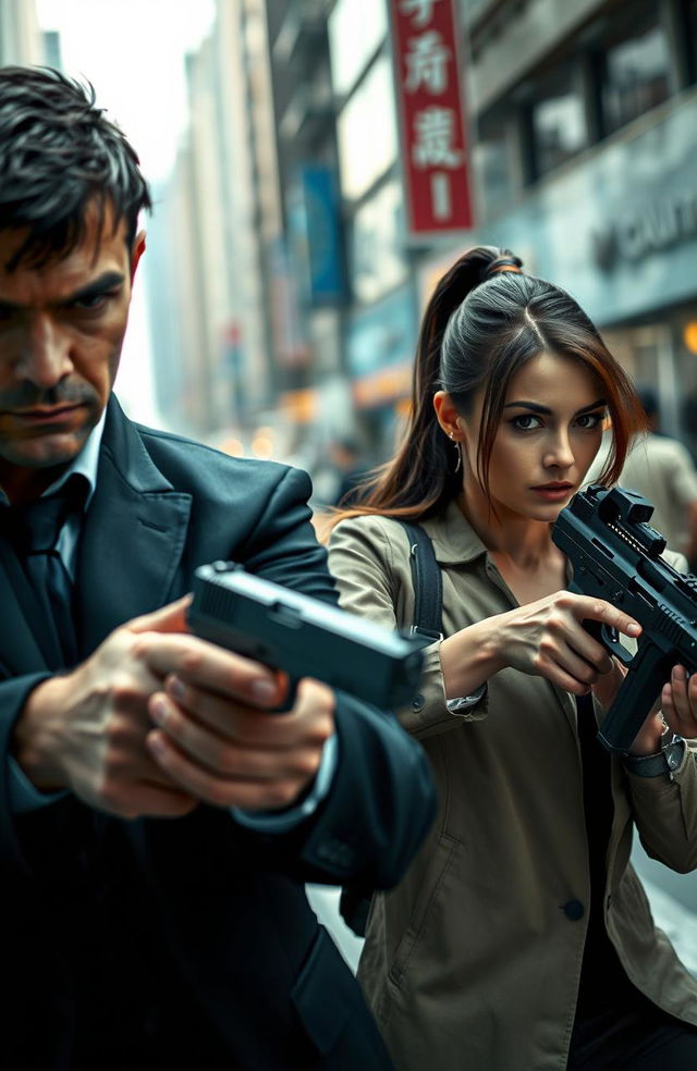 An action-packed scene featuring a man and woman undercover, both in sleek tactical gear, strategically positioned in an urban environment