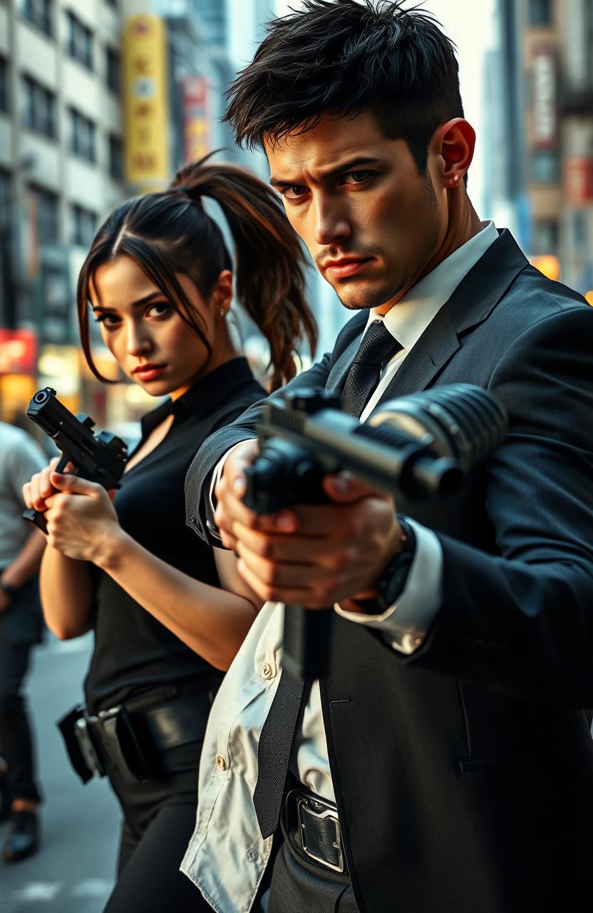 An action-packed scene featuring a man and woman undercover, both in sleek tactical gear, strategically positioned in an urban environment