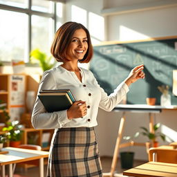 A captivating scene of a confident and attractive teacher in a modern classroom