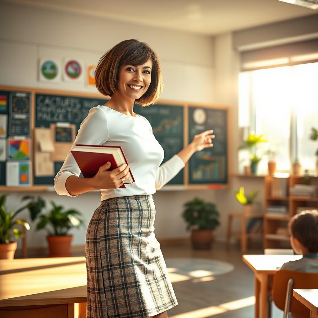 A captivating scene of a confident and attractive teacher in a modern classroom