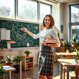 A captivating scene of a confident and attractive teacher in a modern classroom