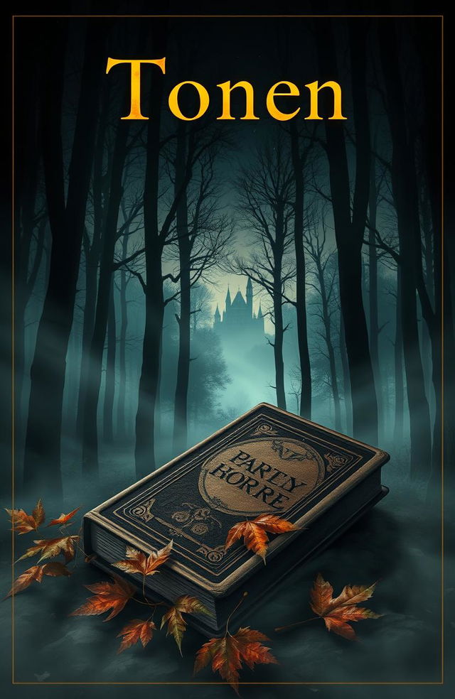 A captivating and mysterious book cover design featuring an enigmatic forest with dense fog weaving through tall, shadowy trees