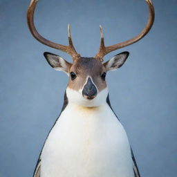 A penguin with a deer's head, combining the uniqueness of a penguin's body with the elegance of a deer's head.