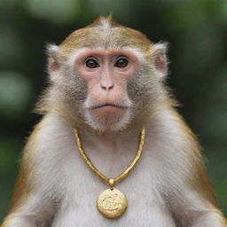 A monkey with long, straight hair wearing a golden necklace.