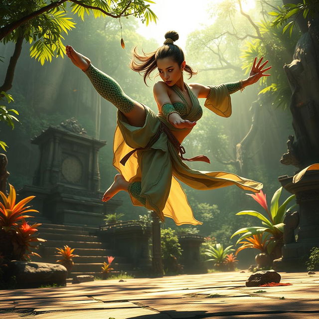 A dynamic scene featuring a female yuan-ti monk performing an impressive kick flip