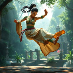 A dynamic scene featuring a female yuan-ti monk performing an impressive kick flip