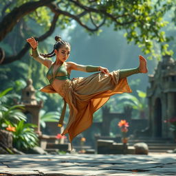 A dynamic scene featuring a female yuan-ti monk performing an impressive kick flip