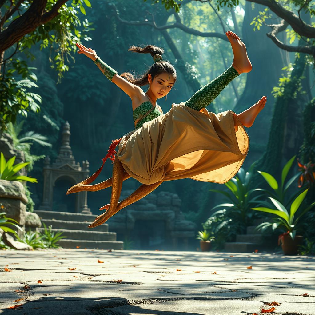 A dynamic scene featuring a female yuan-ti monk performing an impressive kick flip