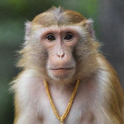 A monkey with long, straight hair wearing a golden necklace.