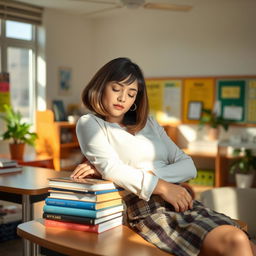 A serene scene of an attractive teacher peacefully sleeping at her desk in a cozy, modern classroom