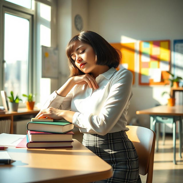 A serene scene of an attractive teacher peacefully sleeping at her desk in a cozy, modern classroom