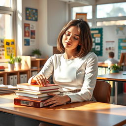 A serene scene of an attractive teacher peacefully sleeping at her desk in a cozy, modern classroom