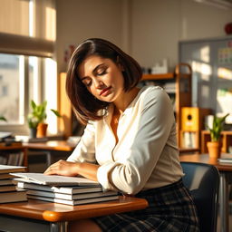 A serene scene of an attractive teacher peacefully sleeping at her desk in a cozy, modern classroom