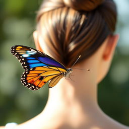 A realistic, beautifully detailed butterfly perched on a slick, high ponytail hairstyle