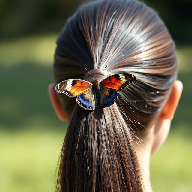 A realistic, beautifully detailed butterfly perched on a slick, high ponytail hairstyle