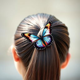 A realistic, beautifully detailed butterfly perched on a slick, high ponytail hairstyle
