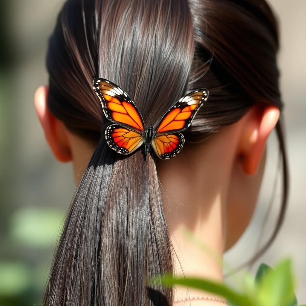 A realistic, beautifully detailed butterfly perched on a slick, high ponytail hairstyle