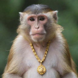 A monkey with long, straight hair wearing a golden necklace.