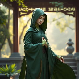A female yuan ti monk, standing gracefully in a serene pose
