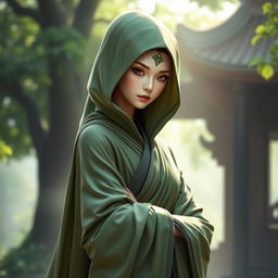 A female yuan ti monk, standing gracefully in a serene pose