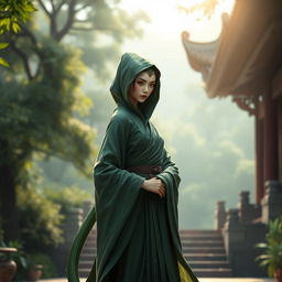 A female yuan ti monk, standing gracefully in a serene pose