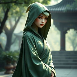 A female yuan ti monk, standing gracefully in a serene pose