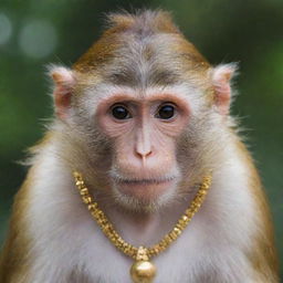 A monkey with long, straight hair wearing a golden necklace.